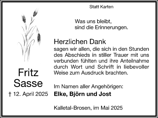 Anzeige  Fritz Sasse  Lippische Landes-Zeitung