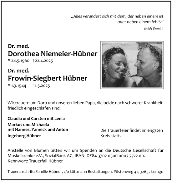 Anzeige  Frowin Siegbert-Hübner  Lippische Landes-Zeitung