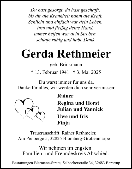 Anzeige  Gerda Rethmeier  Lippische Landes-Zeitung