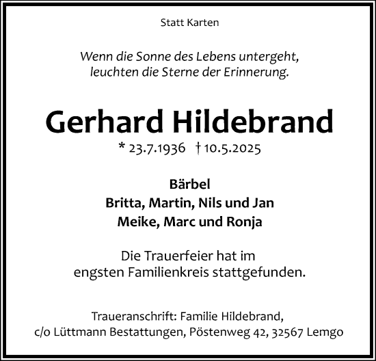 Anzeige  Gerhard Hildebrand  Lippische Landes-Zeitung
