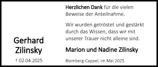 Anzeige  Gerhard Zilinsky  Lippische Landes-Zeitung