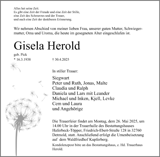 Anzeige  Gisela Herold  Lippische Landes-Zeitung