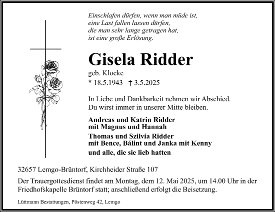 Anzeige  Gisela Ridder  Lippische Landes-Zeitung