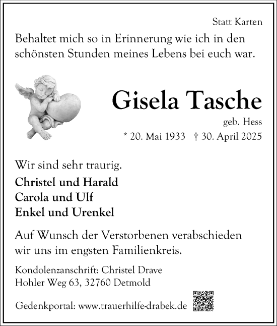 Anzeige  Gisela Tasche  Lippische Landes-Zeitung