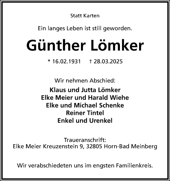 Anzeige  Günther Lömker  Lippische Landes-Zeitung