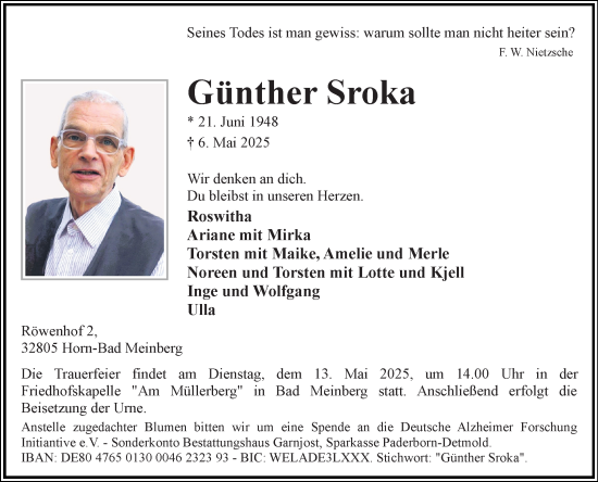 Anzeige  Günther Sroka  Lippische Landes-Zeitung