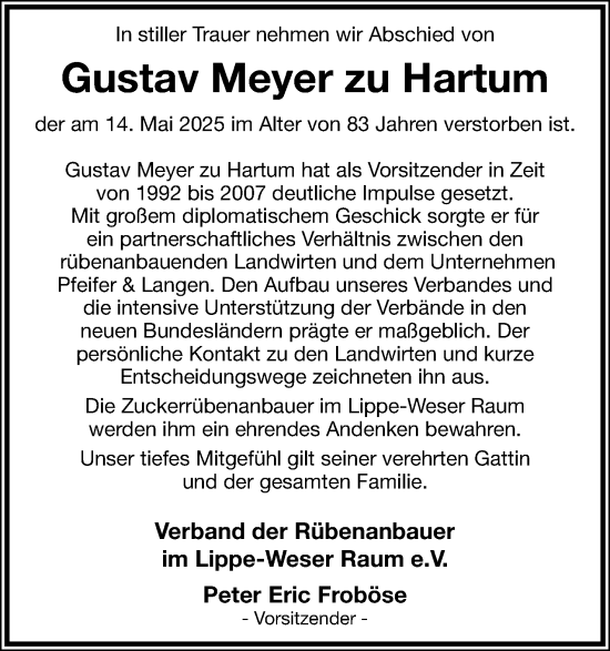 Anzeige  Gustav Meyer zu Hartum  Lippische Landes-Zeitung