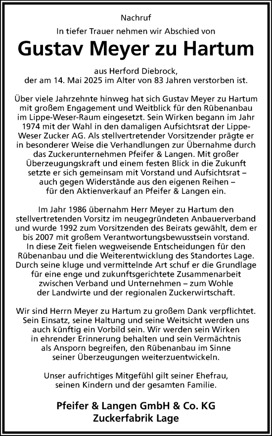 Anzeige  Gustav Meyer zu Hartum  Lippische Landes-Zeitung