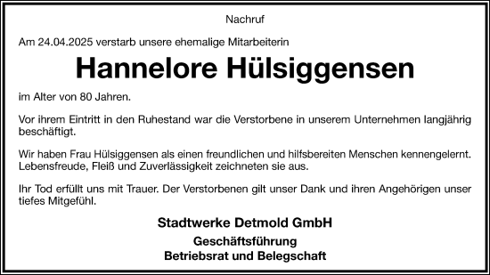 Anzeige  Hannelore Hülsiggensen  Lippische Landes-Zeitung