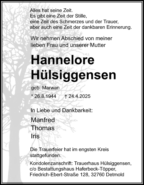 Anzeige  Hannelore Hülsiggensen  Lippische Landes-Zeitung