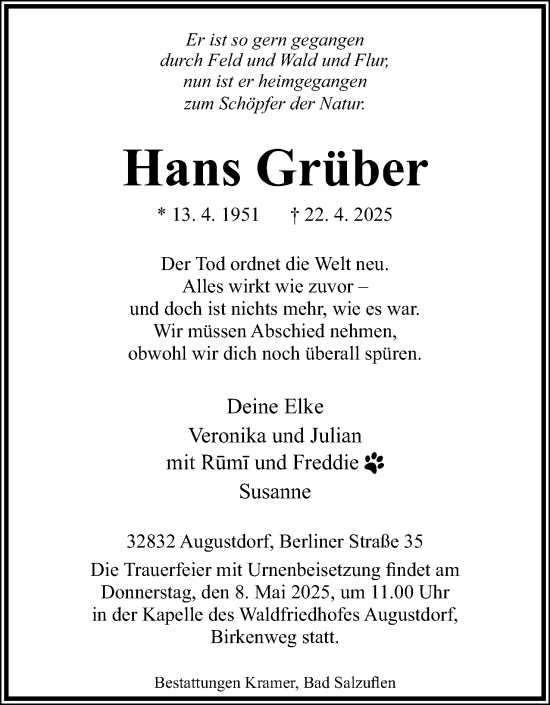 Anzeige  Hans Grüber  Lippische Landes-Zeitung