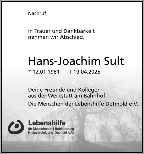 Anzeige  Hans-Joachim Sult  Lippische Landes-Zeitung