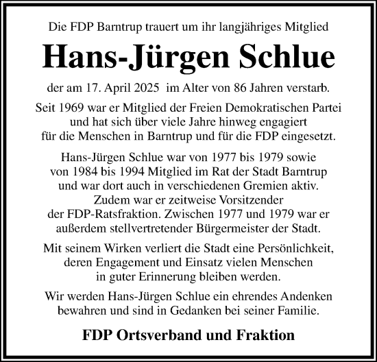 Anzeige  Hans-Jürgen Schlue  Lippische Landes-Zeitung