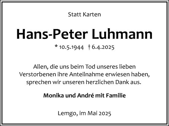 Anzeige  Hans-Peter Luhmann  Lippische Landes-Zeitung