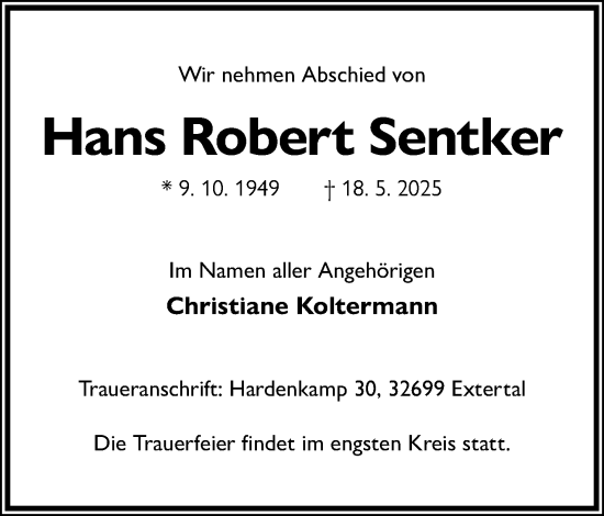 Anzeige  Hans Robert Sentker  Lippische Landes-Zeitung