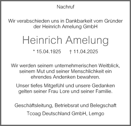 Anzeige  Heinrich Amelung  Lippische Landes-Zeitung