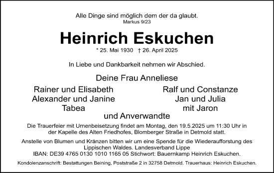 Anzeige  Heinrich Eskuchen  Lippische Landes-Zeitung