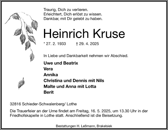 Anzeige  Heinrich Kruse  Lippische Landes-Zeitung