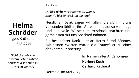 Anzeige  Helma Schröder  Lippische Landes-Zeitung