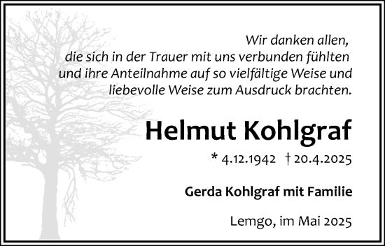 Anzeige  Helmut Kohlgraf  Lippische Landes-Zeitung