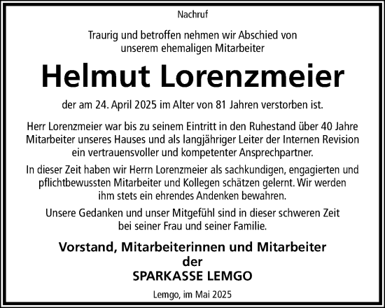 Anzeige  Helmut Lorenzmeier  Lippische Landes-Zeitung