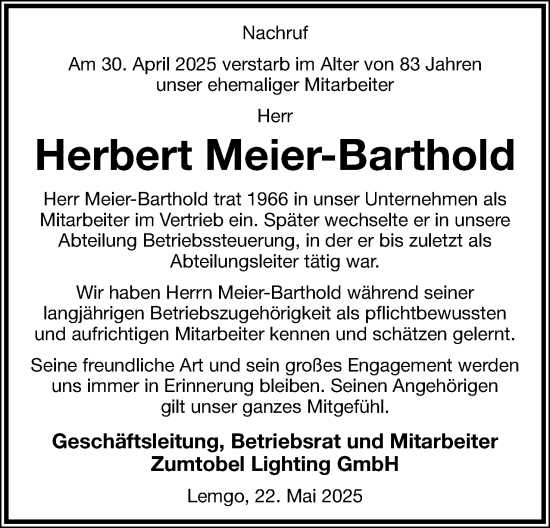 Anzeige  Herbert Meier-Barthold  Lippische Landes-Zeitung