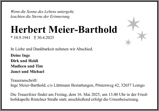 Anzeige  Herbert Meier-Barthold  Lippische Landes-Zeitung