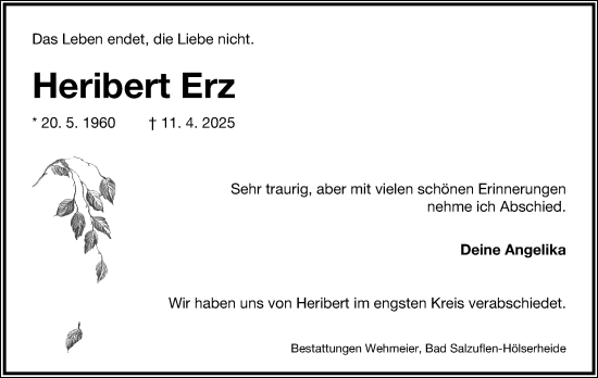 Anzeige  Heribert Erz  Lippische Landes-Zeitung