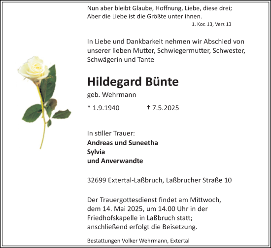 Anzeige  Hildegard Bünte  Lippische Landes-Zeitung