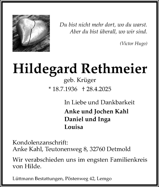 Anzeige  Hildegard Rethmeier  Lippische Landes-Zeitung