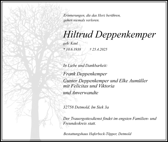 Anzeige  Hiltrud Deppenkemper  Lippische Landes-Zeitung
