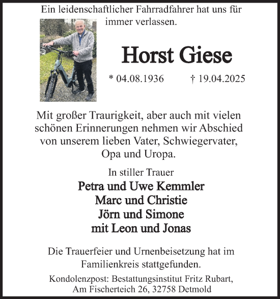 Anzeige  Horst Giese  Lippische Landes-Zeitung
