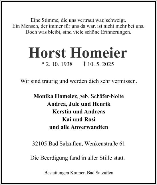 Anzeige  Horst Homeier  Lippische Landes-Zeitung