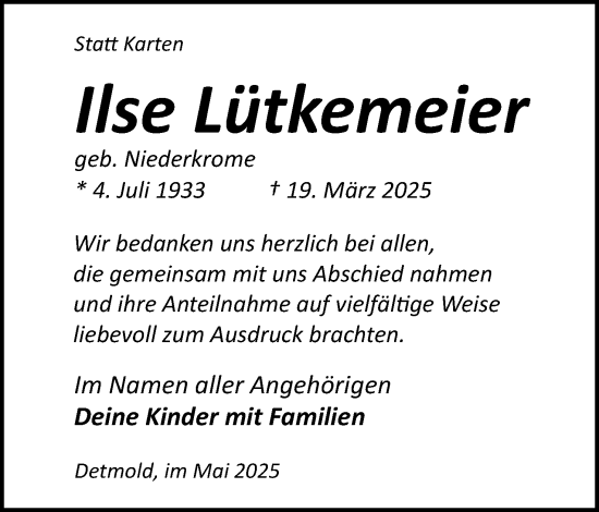 Anzeige  Ilse Lütkemeier  Lippische Landes-Zeitung