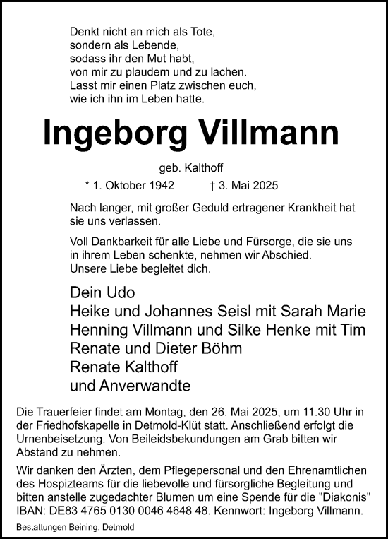 Anzeige  Ingeborg Villmann  Lippische Landes-Zeitung