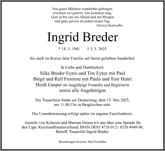Anzeige  Ingrid Breder  Lippische Landes-Zeitung