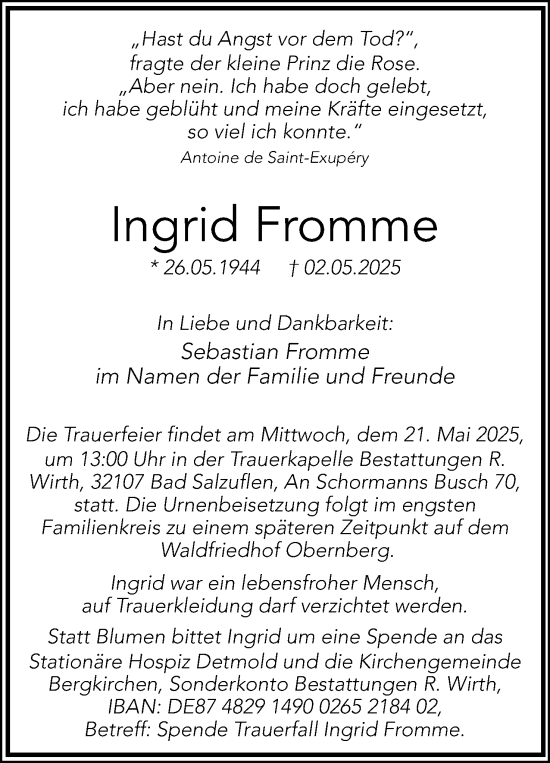 Anzeige  Ingrid Fromme  Lippische Landes-Zeitung
