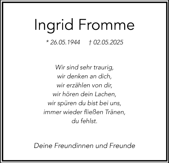 Anzeige  Ingrid Fromme  Lippische Landes-Zeitung