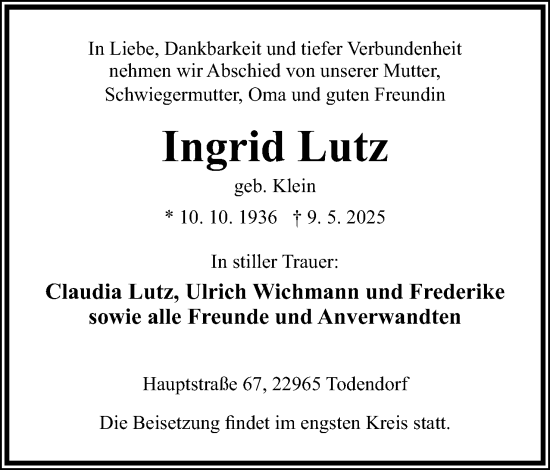 Anzeige  Ingrid Lutz  Lippische Landes-Zeitung
