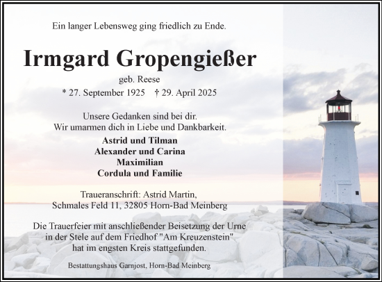 Anzeige  Irmgard Gropengieller  Lippische Landes-Zeitung