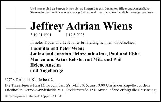 Anzeige  Jeffrey Adrian Wiens  Lippische Landes-Zeitung