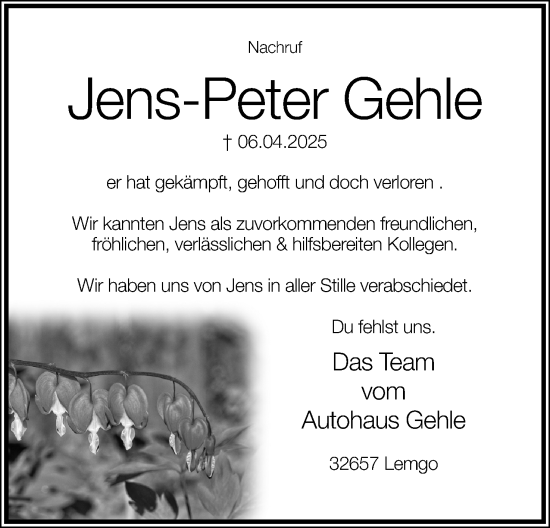 Anzeige  Jens-Peter Gehle  Lippische Landes-Zeitung