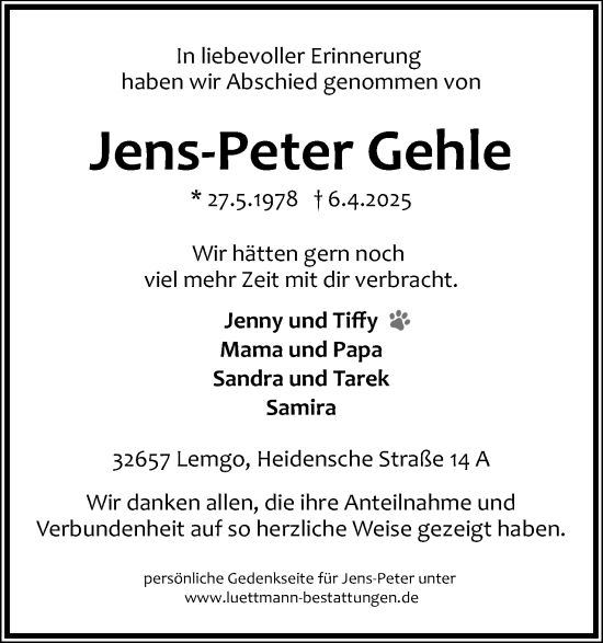 Anzeige  Jens-Peter Gehle  Lippische Landes-Zeitung