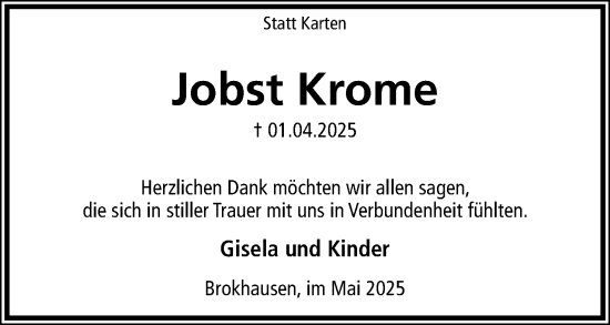 Anzeige  Jobst Krome  Lippische Landes-Zeitung