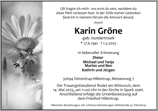 Anzeige  Karin Gröne  Lippische Landes-Zeitung