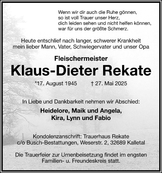 Anzeige  Klaus-Dieter Rekate  Lippische Landes-Zeitung