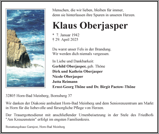 Anzeige  Klaus Oberjasper  Lippische Landes-Zeitung