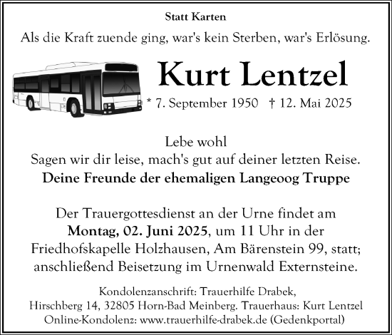 Anzeige  Kurt Lentzel  Lippische Landes-Zeitung