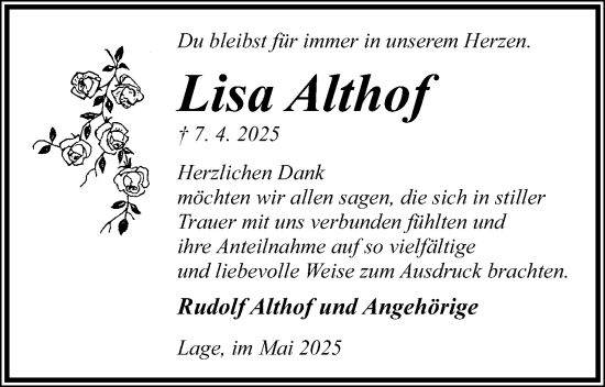 Anzeige  Lisa Althof  Lippische Landes-Zeitung