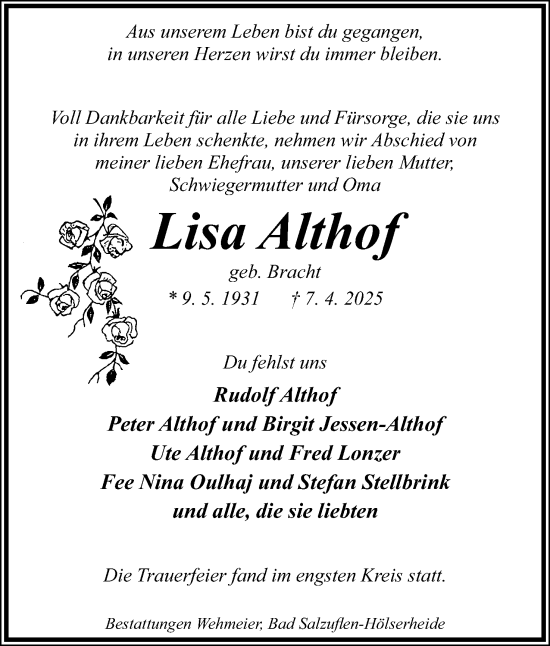 Anzeige  Lisa Althof  Lippische Landes-Zeitung